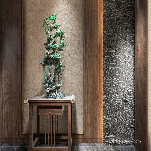 Green Twisted Branch Decorative Ornament Set on Wooden Side Table with Wavy Wallpaper 3d model 