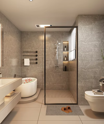 Modern Bathroom Interior With Gray Marble Walls Free-standing Bathtub And Glass Shower Enclosure 3d model