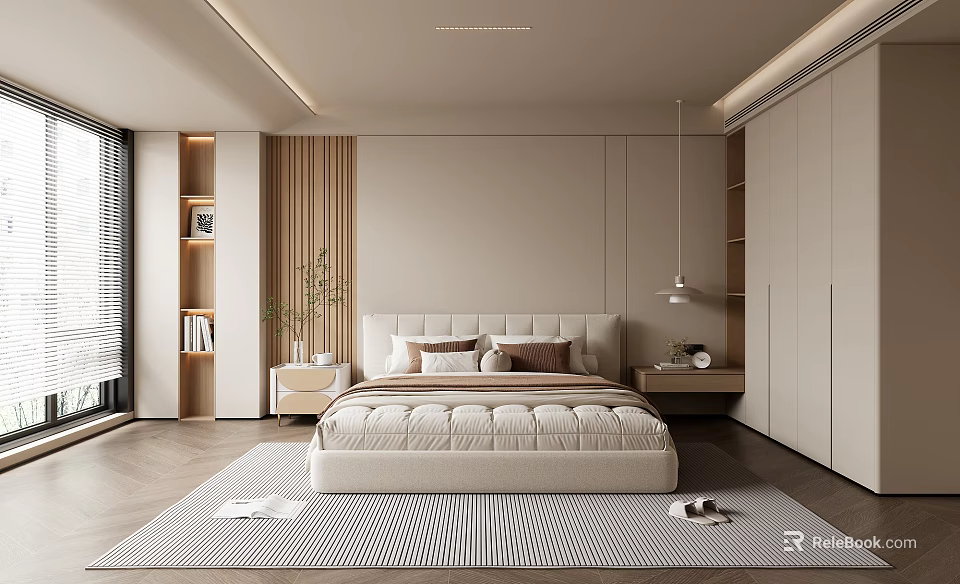 Modern Beige Bedroom With King Bed Wardrobe Rug Plants And Bookshelf 3d model 