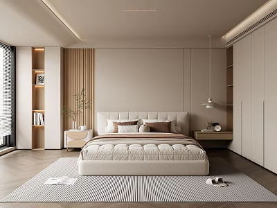Modern Beige Bedroom With King Bed Wardrobe Rug Plants And Bookshelf 3d model