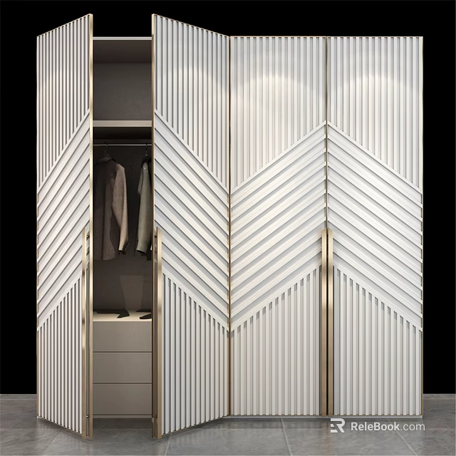 Modern White Chest of Drawers With Vertical Stripe Design And Golden Handles 3d model 