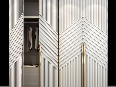 Modern White Chest of Drawers With Vertical Stripe Design And Golden Handles 3d model