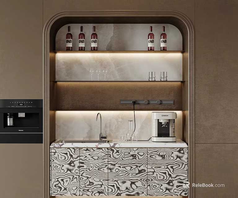 Modern Elegant Sideboard With Wine Bottles Glassware And Coffee Machine Marble Pattern Design 3d model 