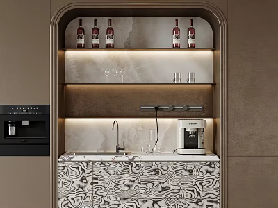 Modern Elegant Sideboard With Wine Bottles Glassware And Coffee Machine Marble Pattern Design 3d model