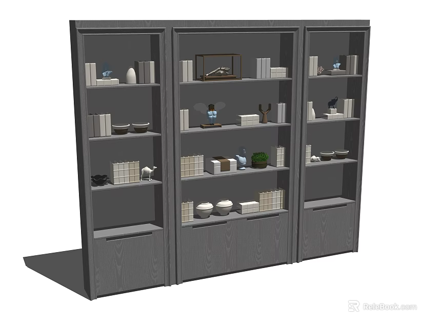Modern Gray Bookshelf Design With Multiple Shelves Books Decorative Items And Photo Frames 3d model 