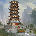 Ancient Architecture Multi Tiered Pagoda With Mountainous Backdrop Stone Steps And Palm Trees