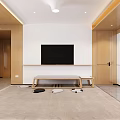 Bright Natural Wood Tone Living Room Interior With Soft Sofa And Large Wall Mounted TV