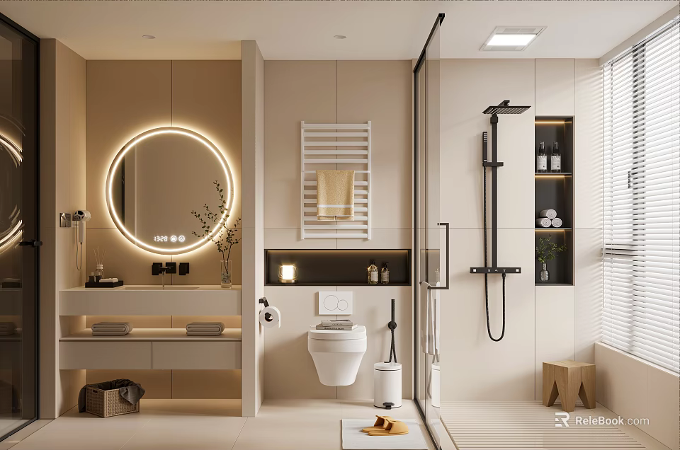 Modern Bathroom Interior With Round Illuminated Mirror Vanity Sink Glass Shower And White Toilet 3d model 