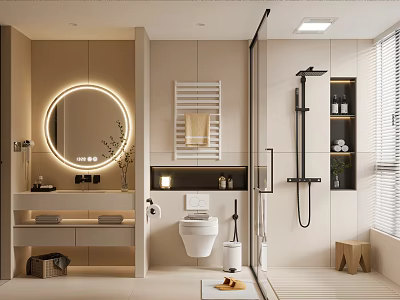 Modern Bathroom Interior With Round Illuminated Mirror Vanity Sink Glass Shower And White Toilet 3d model