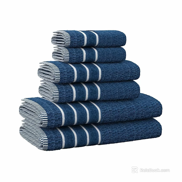 Blue Bath Towels With White Stripes Soft Absorbent Stacked For Daily Use 3d model 