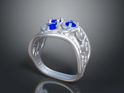 Silver Ring With Blue Gemstones And Intricate Carvings On Band 3d model