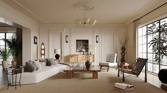 Quiet Living Room Without Main Lamp Living Room Middle Style Living Room Fabric Sofa Coffee Table Combination Leisure Chair Middle Style Ornaments Combination Bucket Cabinet Storage Cabinet 3d model