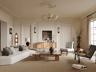 Quiet Living Room Without Main Lamp Living Room Middle Style Living Room Fabric Sofa Coffee Table Combination Leisure Chair Middle Style Ornaments Combination Bucket Cabinet Storage Cabinet 3d model