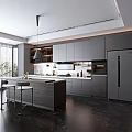 Modern Kitchen Interior With Gray Cabinets Island Stools Dark Flooring And Appliances