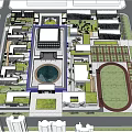 Modern School Building With Glass Facade Traditional Roof And Open Plaza For People Gathering