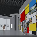 Art Gallery Exhibition Space With Paintings On Walls Central Display Stand And Ceiling Lighting