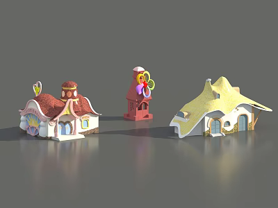 Cartoon Scene With Red Pink Yellow Houses Unique Roofs And Playful Shapes 3d model