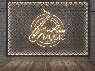 Neon Lighting Combination for Music Bar with Saxophone Design Love Music Sign on Brick Wall 3d model