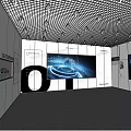 Hi Tech Exhibition Hall With Large Screen Blue Lighting Effects And Marble Floor 3d model