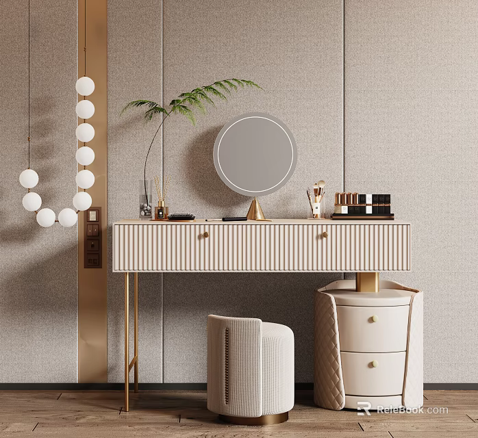 Elegant Modern Dressing Table With Striped Drawers Gold Legs Round Mirror And Plant Decor 3d model 