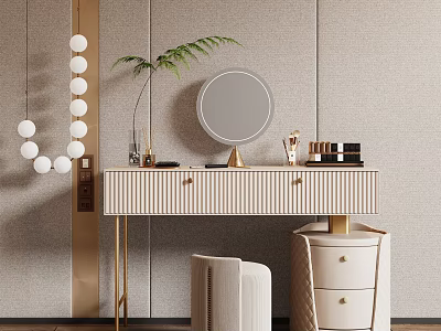 Elegant Modern Dressing Table With Striped Drawers Gold Legs Round Mirror And Plant Decor 3d model