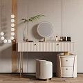 Elegant Modern Dressing Table With Striped Drawers Gold Legs Round Mirror And Plant Decor