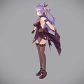Fantasy Game and Movie Character With Purple Long Hair Horns Purple Gold Outfit Long Gloves