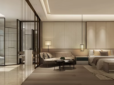 Modern Hotel Guest Room Interior With Sofa Bed Hanging Lamps And Glass Partition 3d model