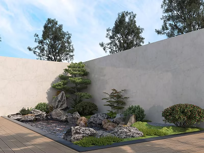 Waterside Landscape Featuring Gray Wall Wooden Deck Rock Formations Small Pine Trees And Bushes 3d model