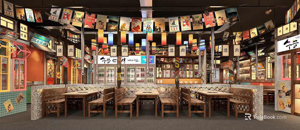 Traditional Restaurant Interior With Hanging Posters Colorful Lanterns And Wooden Dining Tables 3d model 