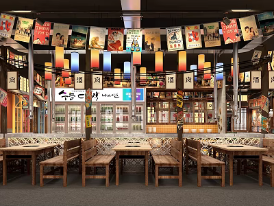 Traditional Restaurant Interior With Hanging Posters Colorful Lanterns And Wooden Dining Tables 3d model