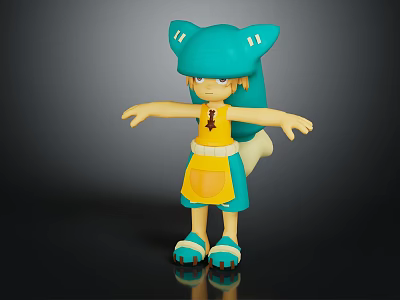 Toy Figure With Blue Cat Ears Yellow Apron And Tail Arms Outstretched 3d model