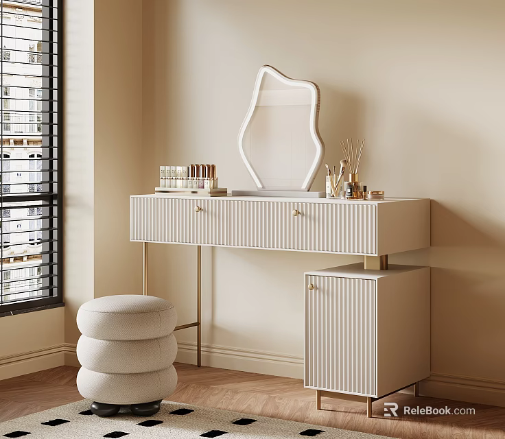 Elegant Modern Dressing Table With Unique Mirror Drawers And Layered Stool 3d model 