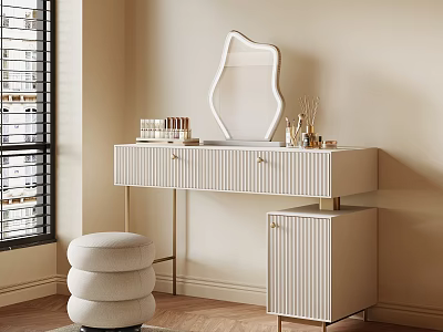 Elegant Modern Dressing Table With Unique Mirror Drawers And Layered Stool 3d model