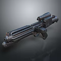 Multi Barrel Machine Gun With Sniper Scope And Metallic Tactical Design