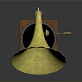 Vintage Gramophone Featuring Yellow Decorative Horn Wooden Base And Black Record With Red Center