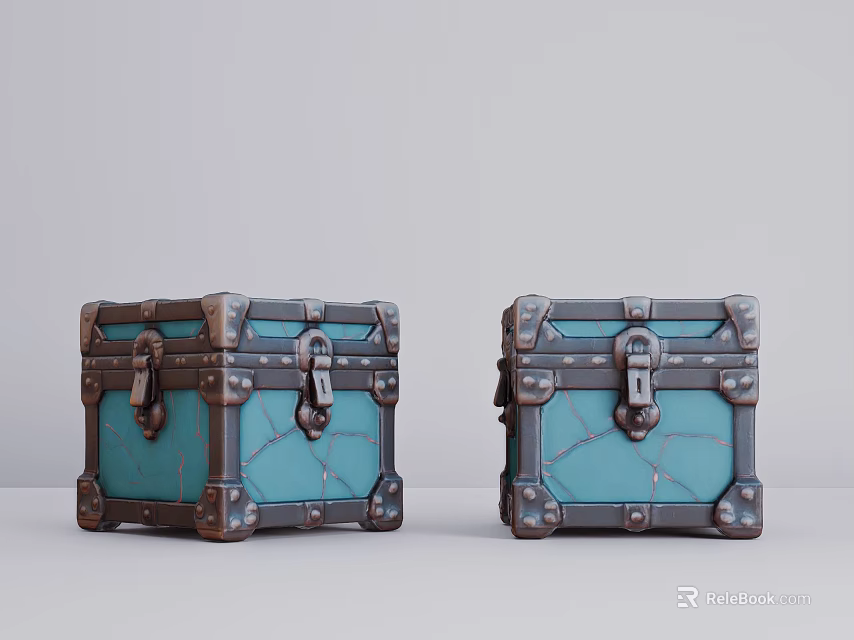 Vintage Blue Decorative Storage Boxes With Metal Clasps And Cracked Texture 3d model 