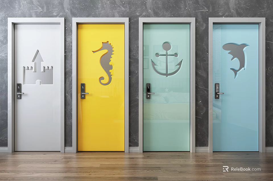 Colorful Security Doors With Decorative Castle Seahorse Anchor Dolphin Patterns 3d model
