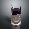 Decorative Household Glass Cup With Patterned Base Dark Liquid Inside And Stirrer