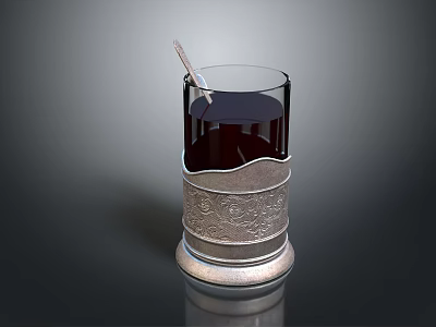 Decorative Household Glass Cup With Patterned Base Dark Liquid Inside And Stirrer 3d model