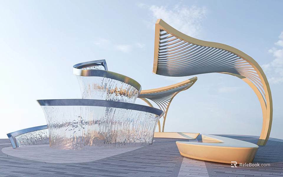 Modern Curved Fountain With Flowing Water Curtain And Wooden Deck Surroundings 3d model 