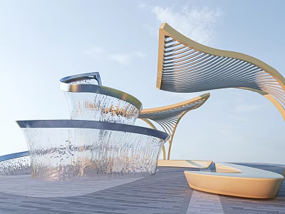 Modern Curved Fountain With Flowing Water Curtain And Wooden Deck Surroundings 3d model