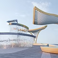 Modern Curved Fountain With Flowing Water Curtain And Wooden Deck Surroundings