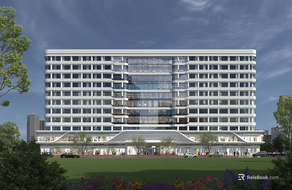 Modern Hotel Building Featuring Glass Curtain Wall And Front Green Lawn Area 3d model 