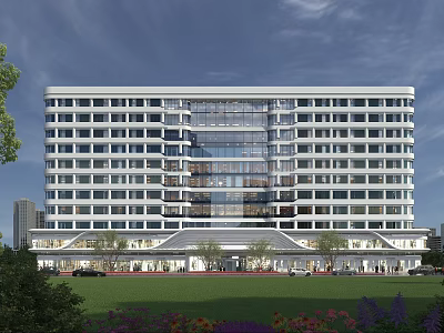 Modern Hotel Building Featuring Glass Curtain Wall And Front Green Lawn Area 3d model