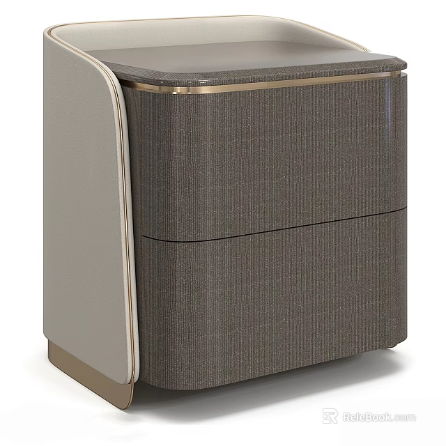 Modern Stylish Nightstand With Textured Gray Fabric Drawers And Gold Trim Accents 3d model 