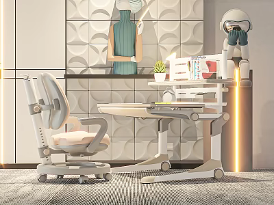 Ergonomic Desk Chair Combination with Adjustable Height and Books Green Plant Decor in Modern Interior 3d model