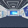 Modern Contemporary Indoor Space Interior With Curved Large Screen Central Column And Blue Carpet