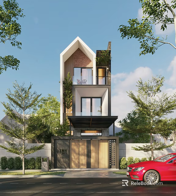 Modern Detached Villa With Multi Story Design Large Windows And Green Plants Surroundings 3d model 