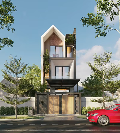 Modern Detached Villa With Multi Story Design Large Windows And Green Plants Surroundings 3d model